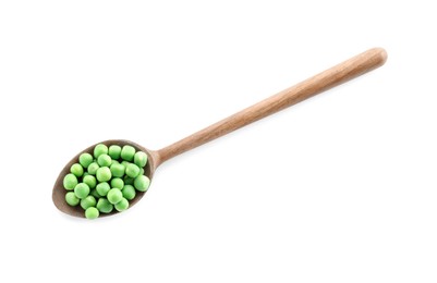 Photo of Spoon with fresh green peas isolated on white, top view