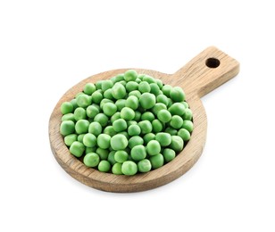 Board with fresh green peas isolated on white