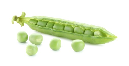 Green fresh peas and pod isolated on white