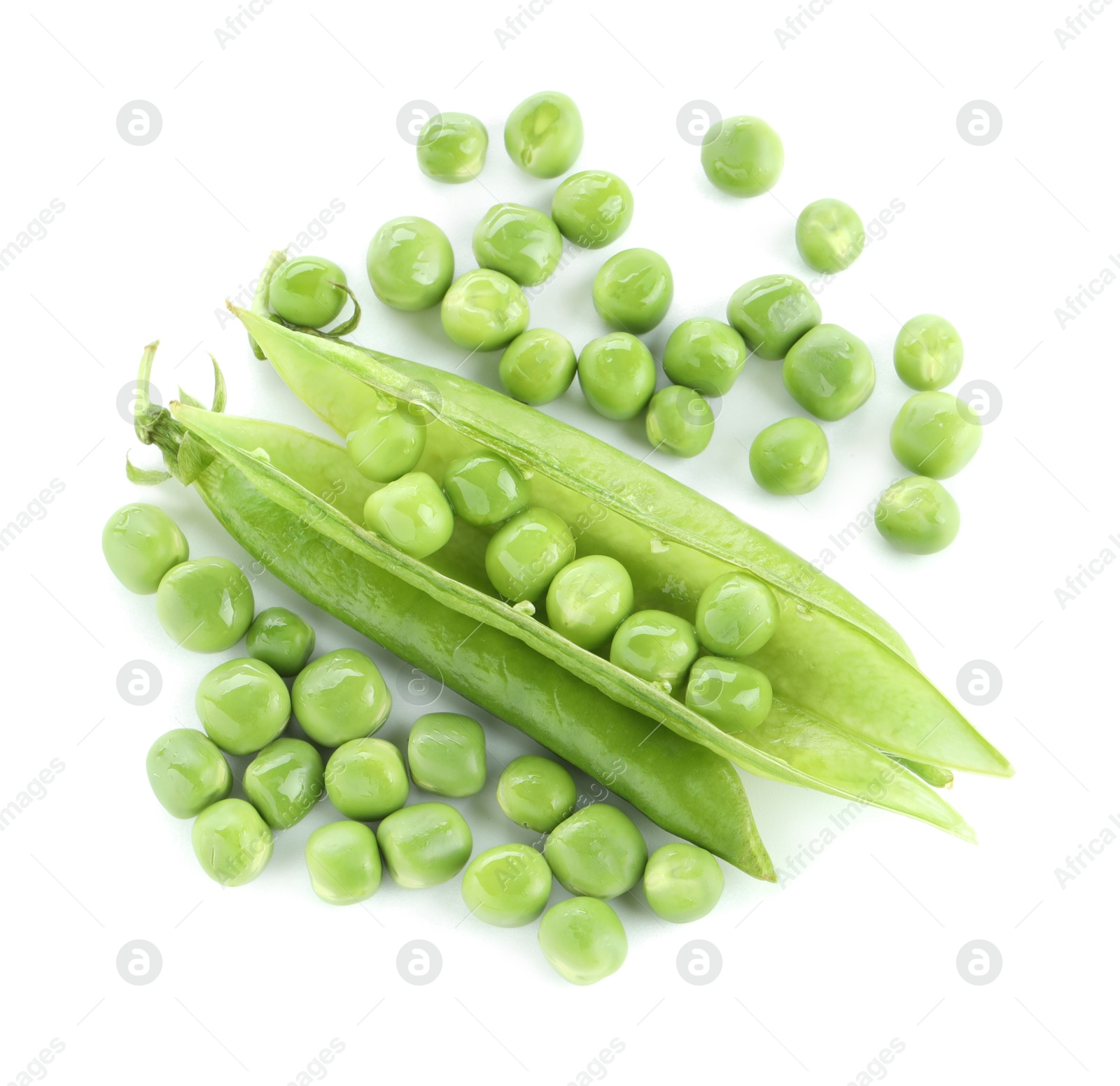 Photo of Green fresh peas and pods isolated on white, top view