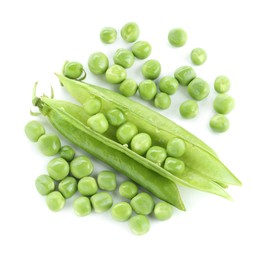 Green fresh peas and pods isolated on white, top view