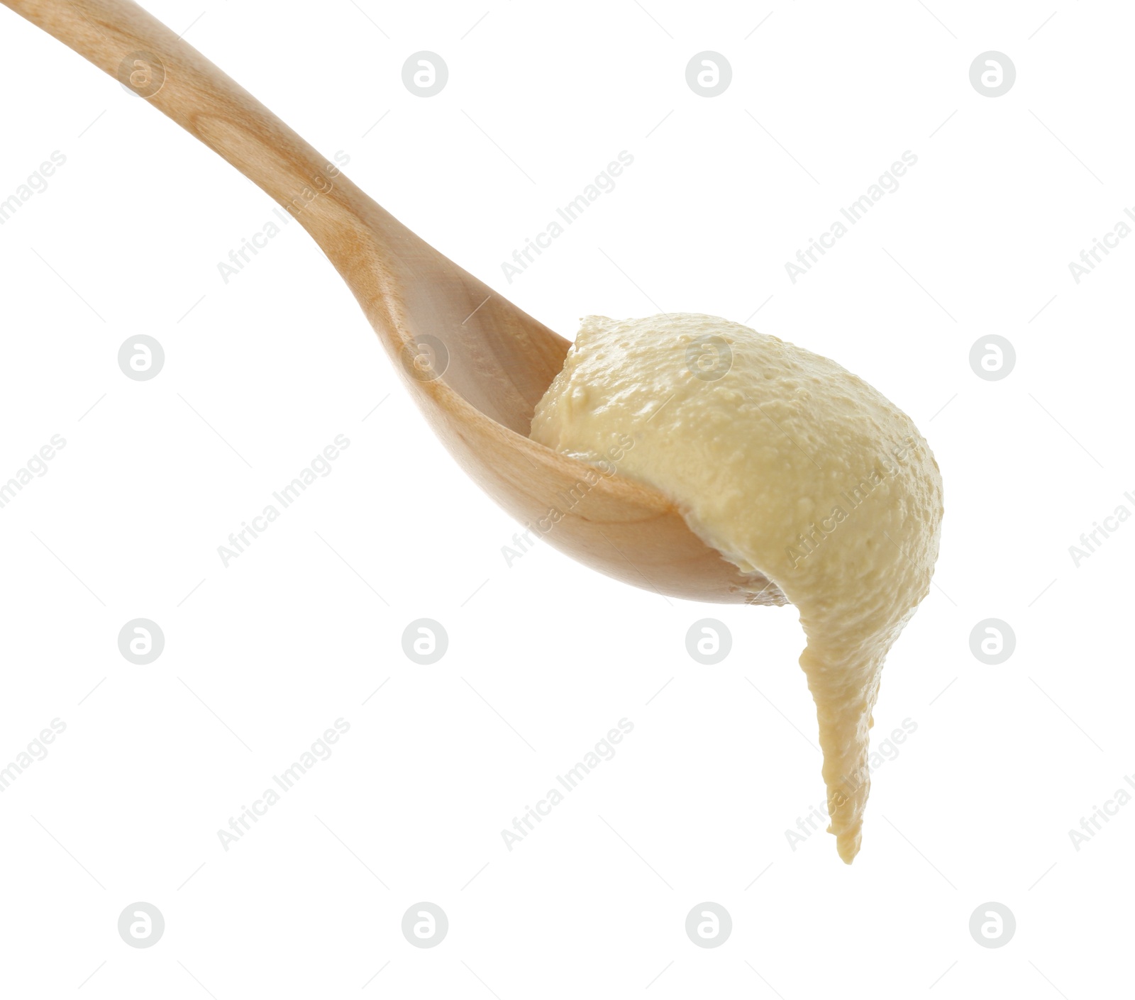 Photo of Spoon with delicious hummus isolated on white