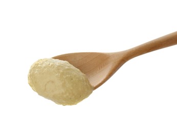 Photo of Spoon with delicious hummus isolated on white