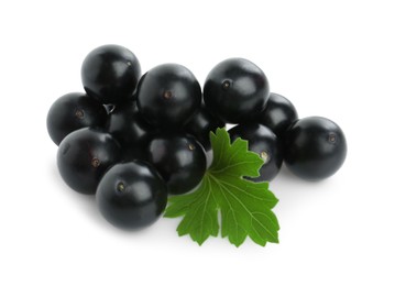 Fresh ripe black currant berries with leaf isolated on white