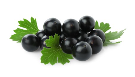 Fresh ripe black currant berries with leaves isolated on white