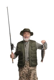 Photo of Fisherman with rod and catch on white background