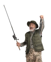 Photo of Fisherman with rod and catch on white background