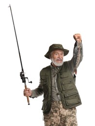 Fisherman with rod and catch on white background