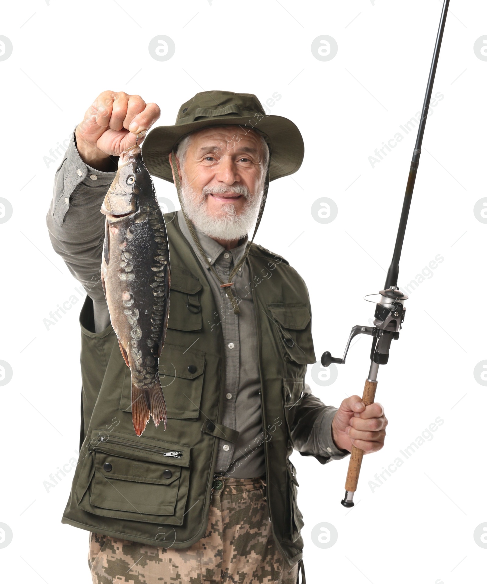 Photo of Fisherman with rod and catch on white background