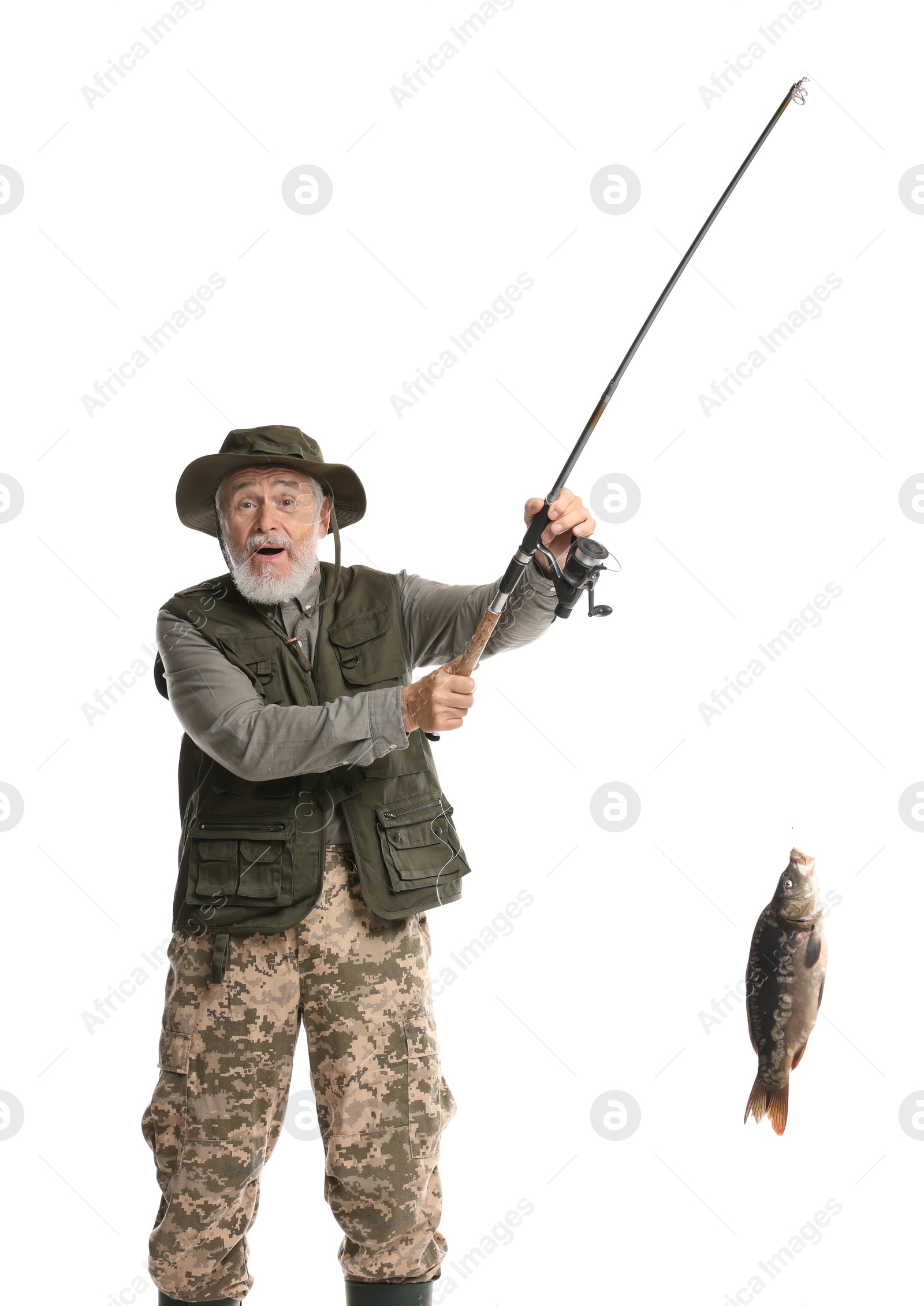 Photo of Fisherman with rod and catch on white background