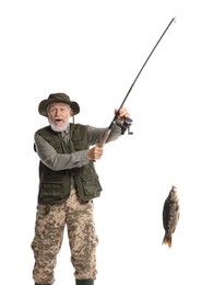 Fisherman with rod and catch on white background