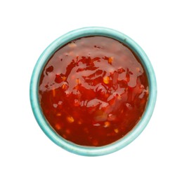 Photo of Hot chili sauce in bowl isolated on white, top view