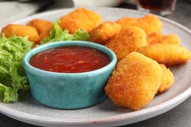 Photo of Plate with hot chili sauce, lettuce and nuggets on grey table, closeup