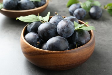 Photo of Tasty ripe plums and leaves in bowl on grey table, closeup