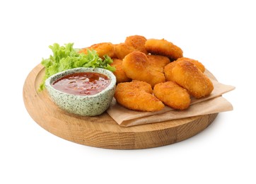 Photo of Board with hot chili sauce, lettuce and nuggets isolated on white