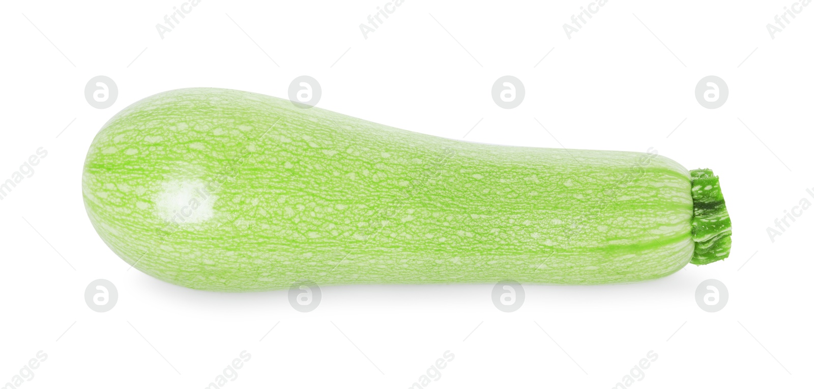 Photo of One fresh ripe zucchini isolated on white, top view