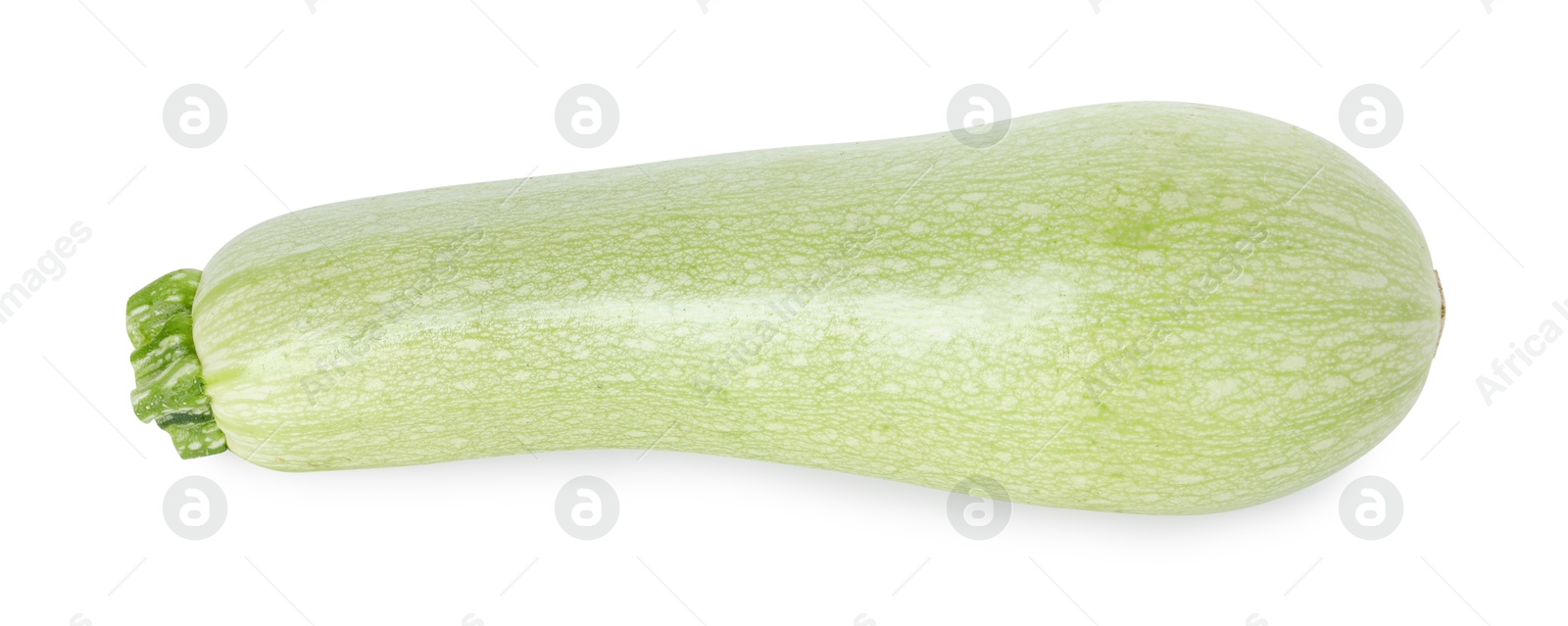 Photo of One fresh ripe zucchini isolated on white, top view