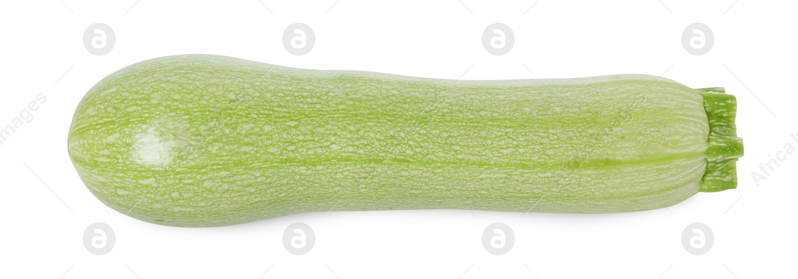 Photo of One fresh ripe zucchini isolated on white, top view