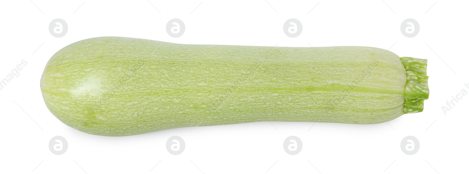 Photo of One fresh ripe zucchini isolated on white, top view