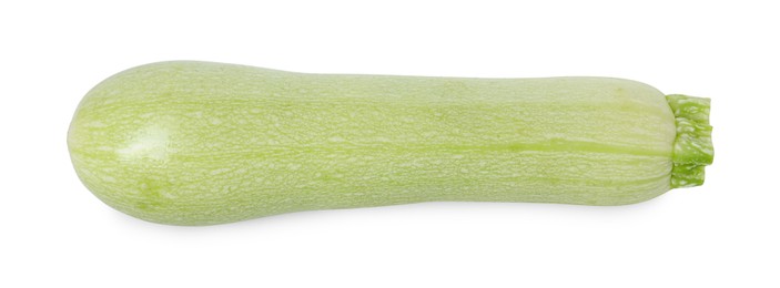 Photo of One fresh ripe zucchini isolated on white, top view