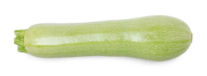 Photo of One fresh ripe zucchini isolated on white, top view