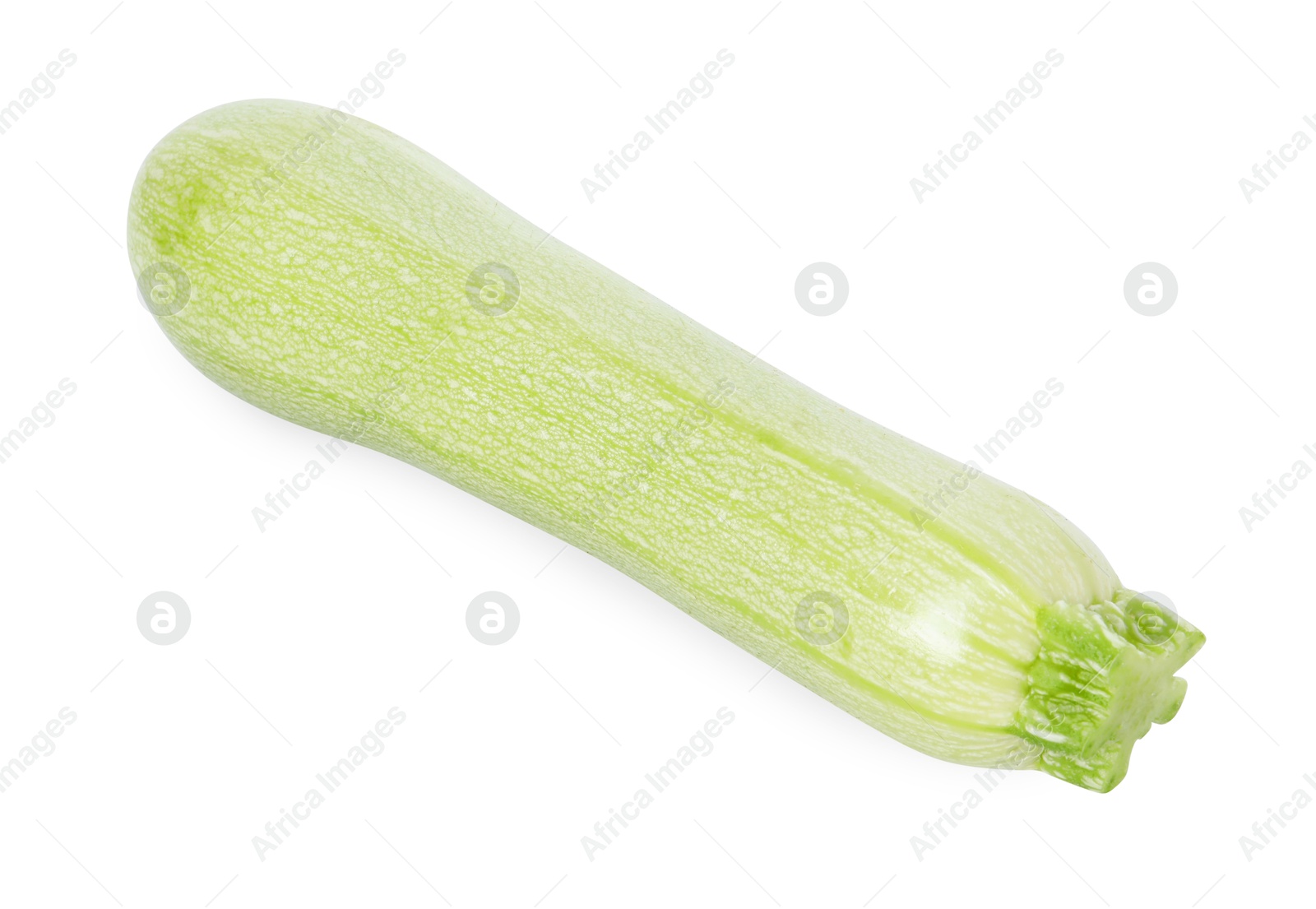 Photo of One fresh ripe zucchini isolated on white, top view