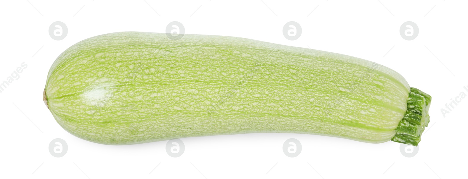 Photo of One fresh ripe zucchini isolated on white, top view