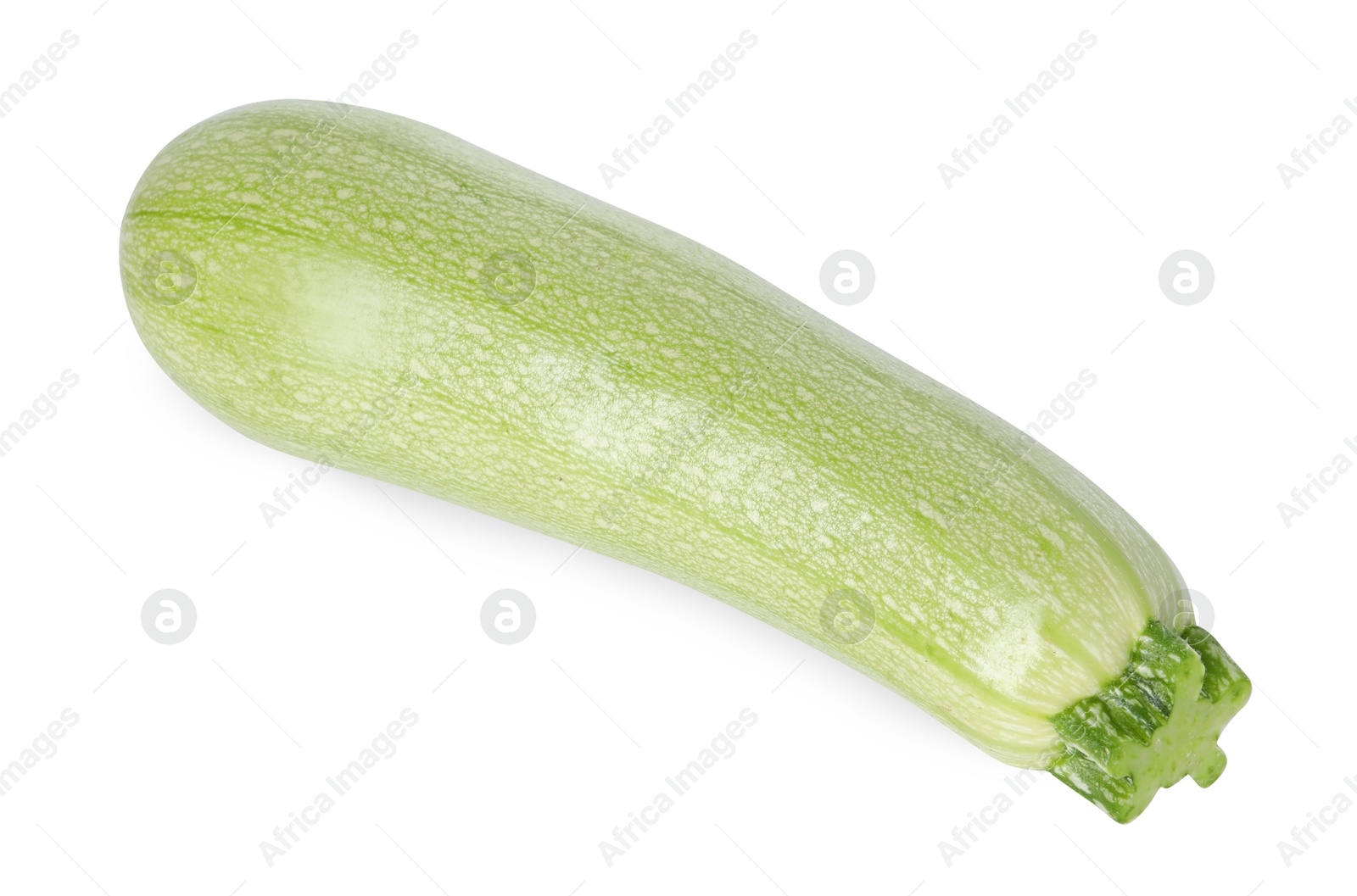 Photo of One fresh ripe zucchini isolated on white, top view