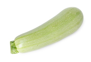 Photo of One fresh ripe zucchini isolated on white, top view