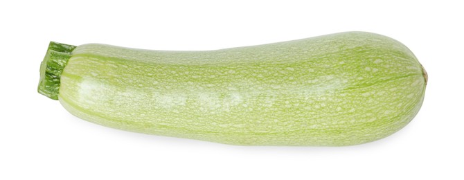 Photo of One fresh ripe zucchini isolated on white, top view