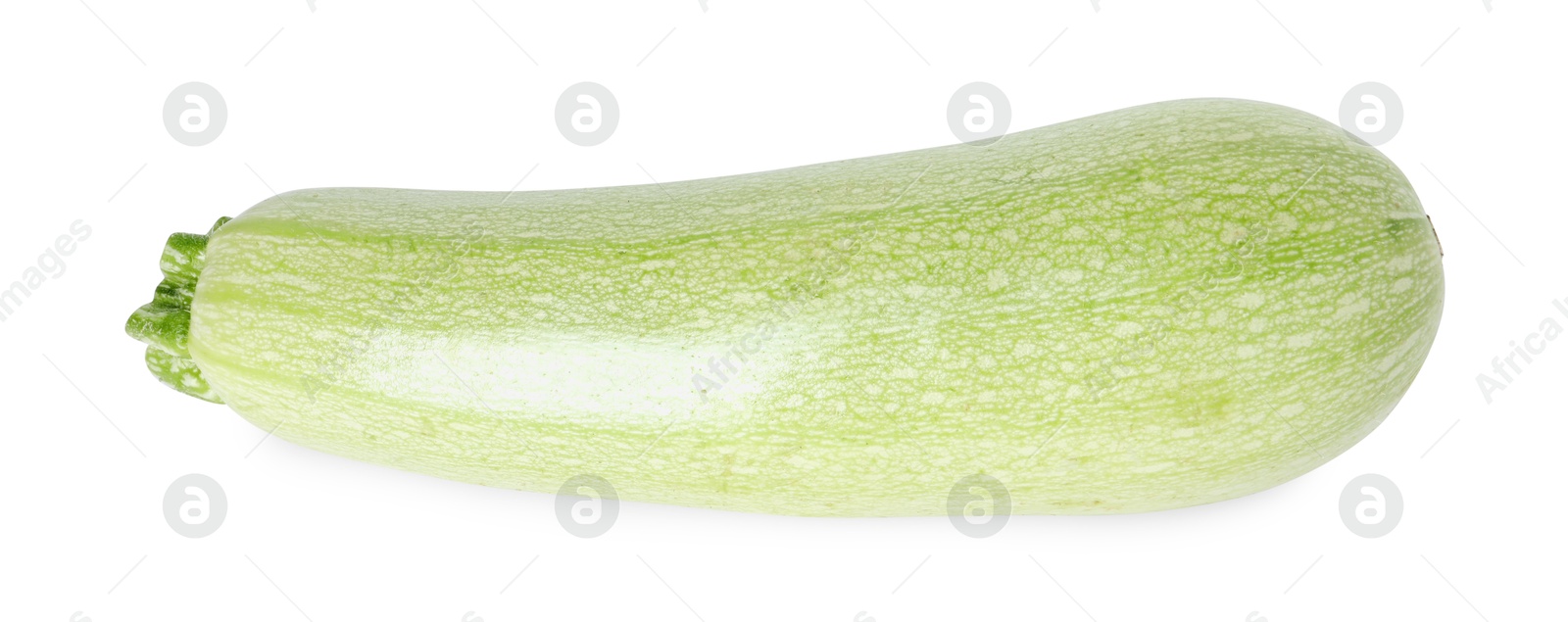 Photo of One fresh ripe zucchini isolated on white, top view