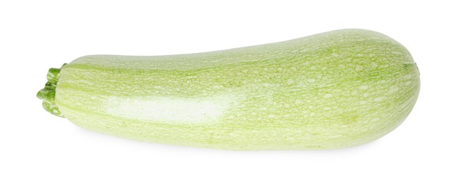 Photo of One fresh ripe zucchini isolated on white, top view