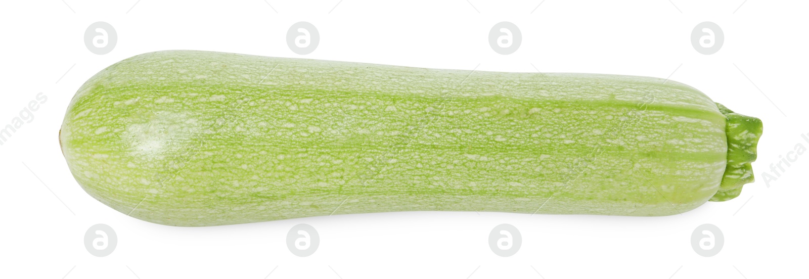 Photo of One fresh ripe zucchini isolated on white, top view