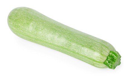 Photo of One fresh ripe zucchini isolated on white, top view