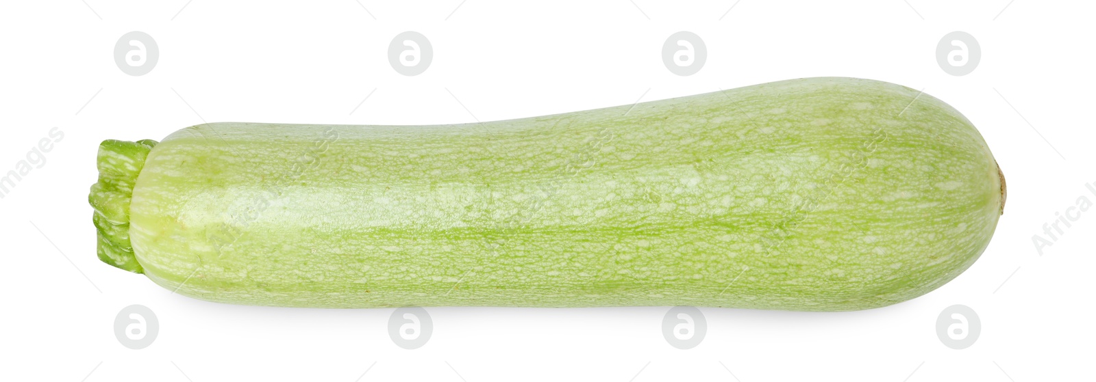 Photo of One fresh ripe zucchini isolated on white, top view