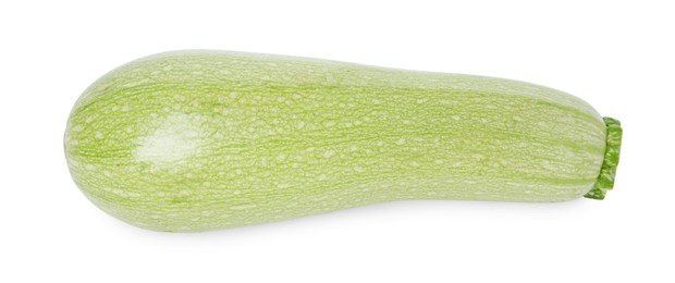 Photo of One fresh ripe zucchini isolated on white, top view