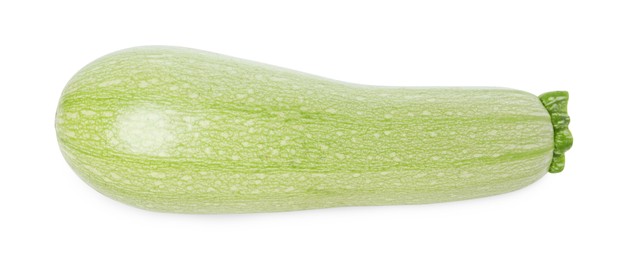 Photo of One fresh ripe zucchini isolated on white, top view