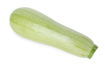 Photo of One fresh ripe zucchini isolated on white, top view