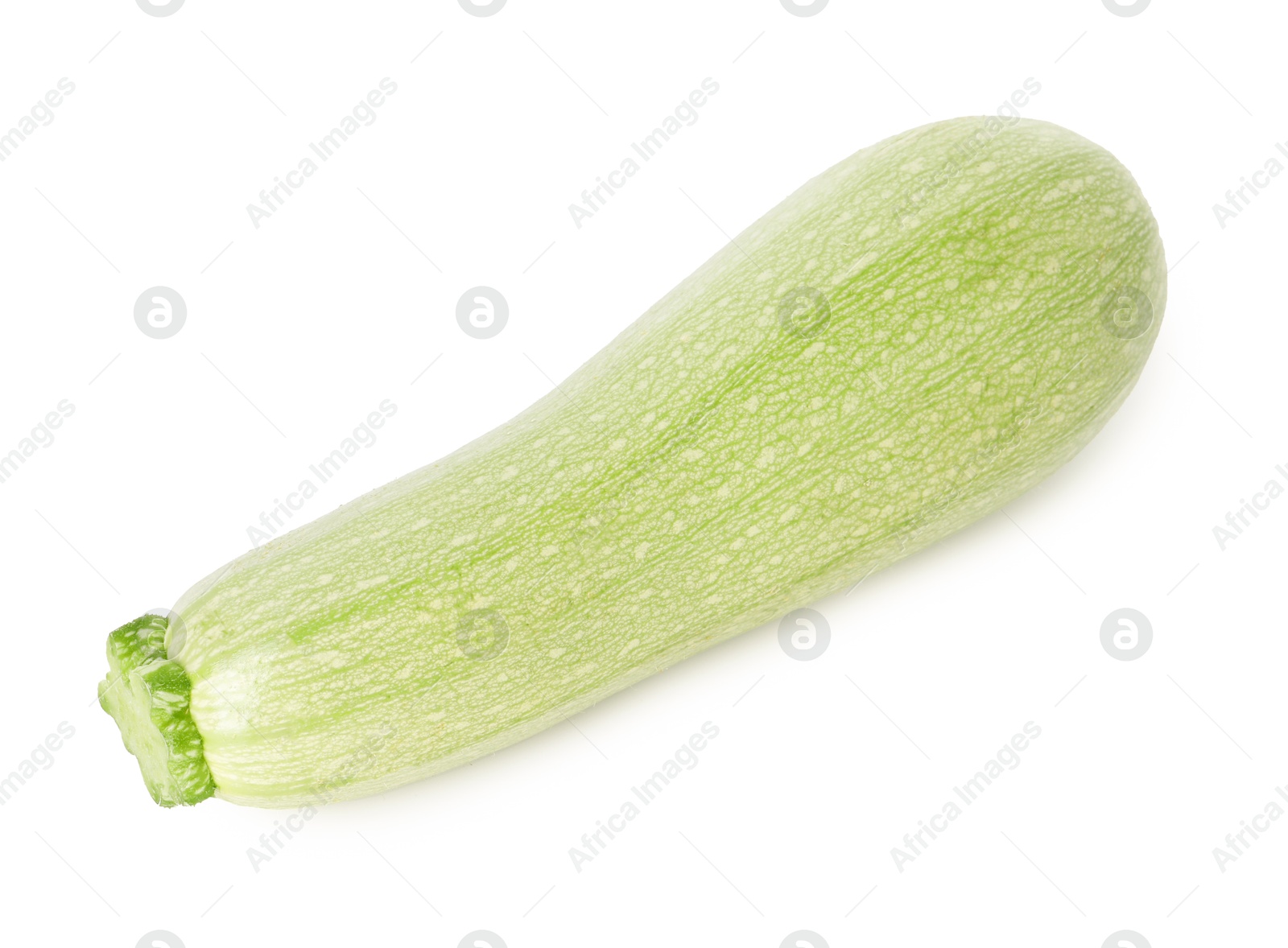 Photo of One fresh ripe zucchini isolated on white, top view