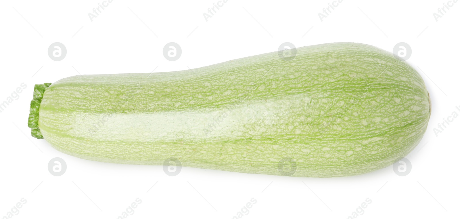 Photo of One fresh ripe zucchini isolated on white, top view