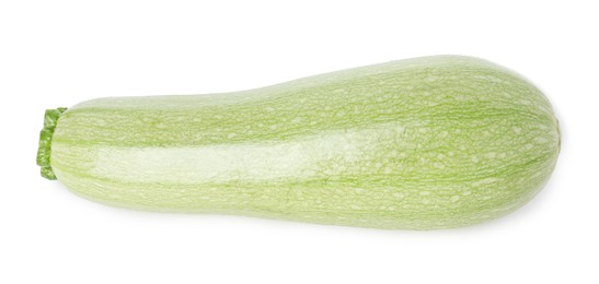 Photo of One fresh ripe zucchini isolated on white, top view