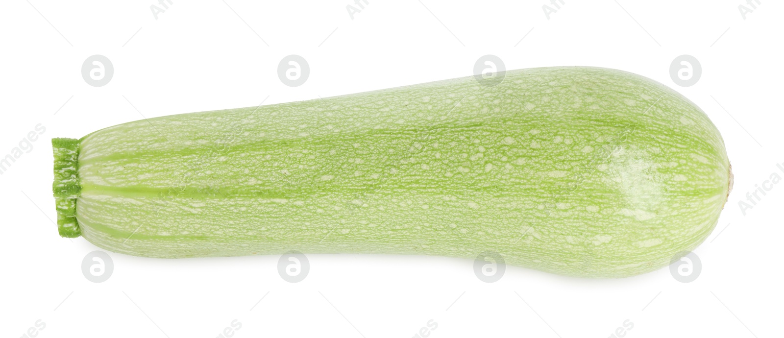 Photo of One fresh ripe zucchini isolated on white, top view