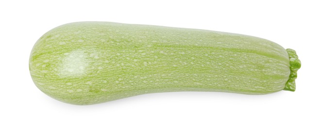 Photo of One fresh ripe zucchini isolated on white, top view