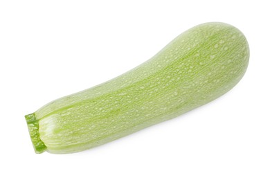 Photo of One fresh ripe zucchini isolated on white, top view