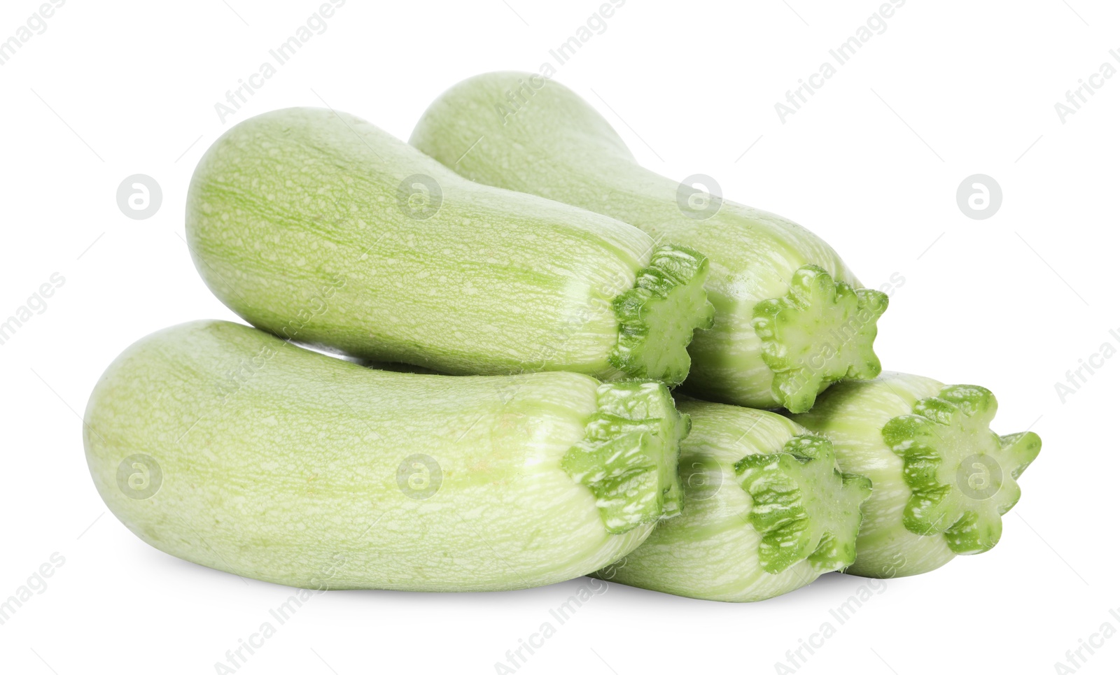 Photo of Many fresh ripe zucchinis isolated on white