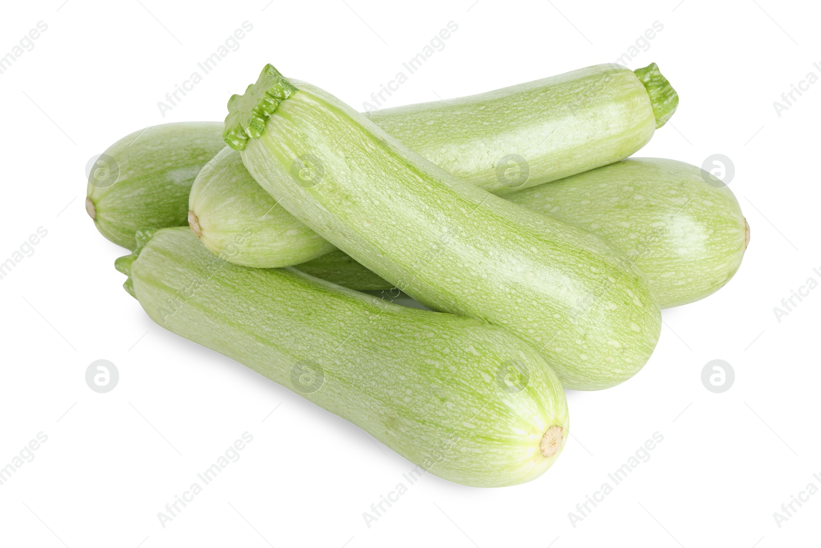 Photo of Many fresh ripe zucchinis isolated on white