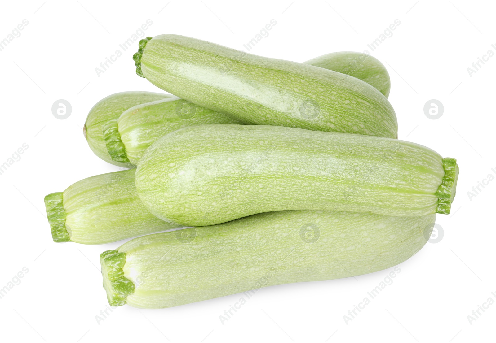 Photo of Many fresh ripe zucchinis isolated on white, above view