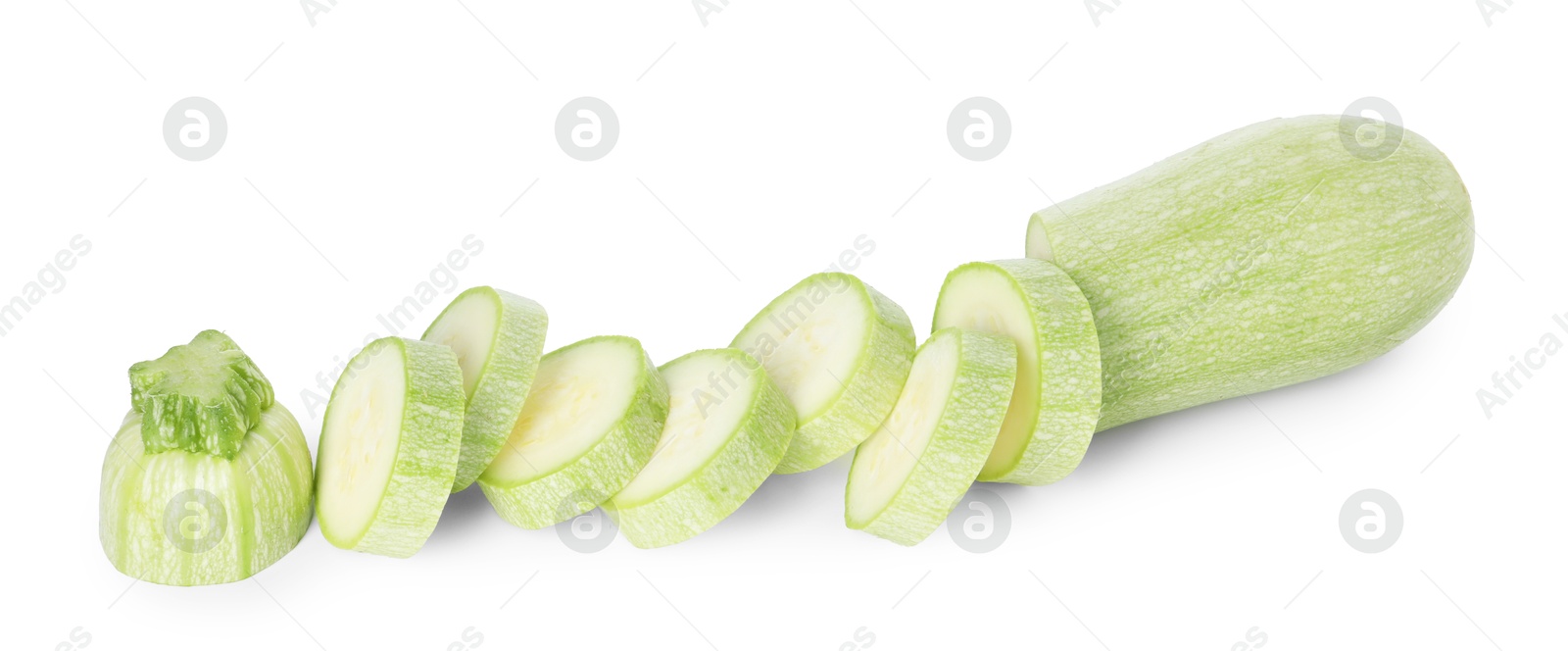 Photo of One fresh cut zucchini isolated on white, above view