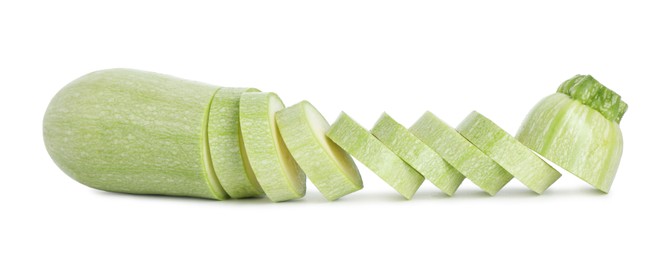 Photo of One fresh cut zucchini isolated on white