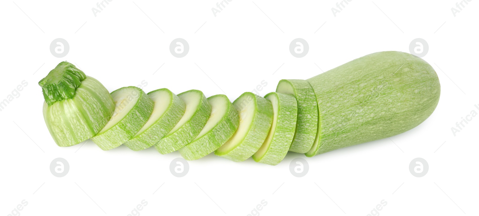 Photo of One fresh cut zucchini isolated on white, above view